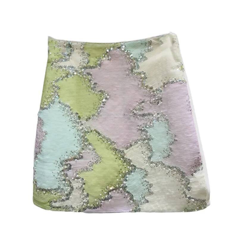 2025 Summer New Women's trend DEAT Summer New Fashion Pearl Nail Bead Glitter Comparison Short Skirt Women's Wrap Hip A-line Skirt New Desig