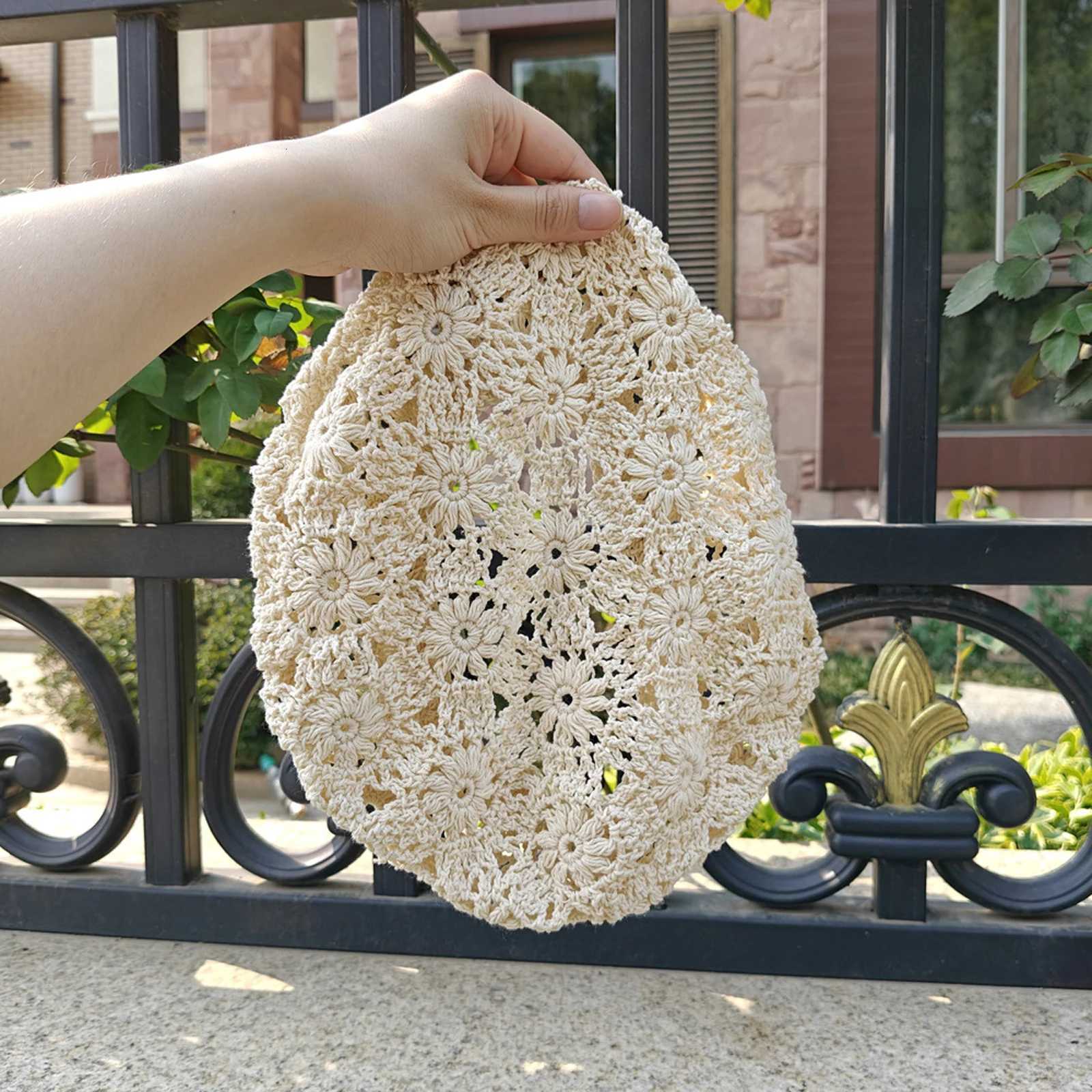 Elegant Hollowed Flower Crochet Knit Beret Hat Women Boho Ethnic Painters C Artist Hat for Summer Fall Holiday Beige Berets XJ250807