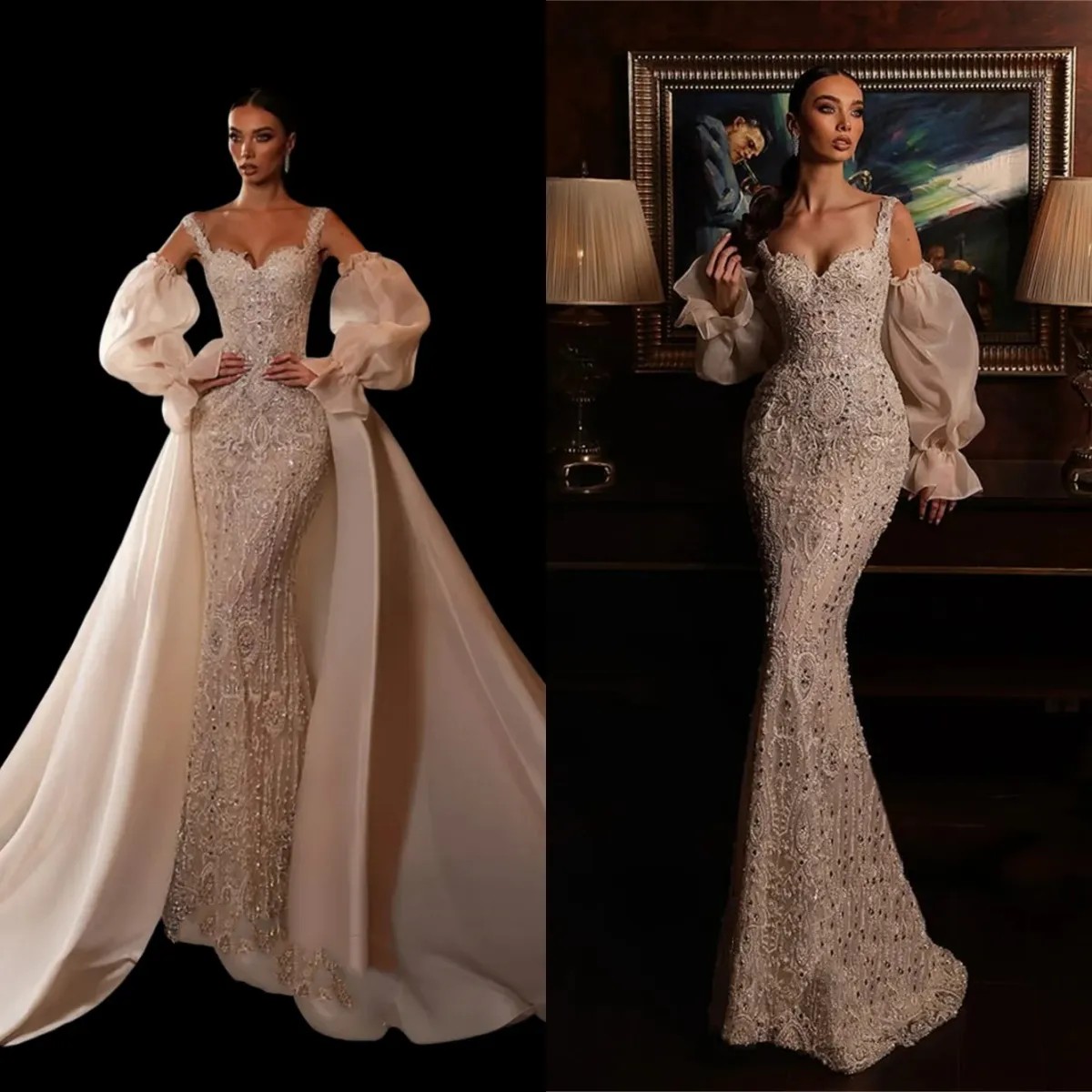 Exquisite Mermaid Wedding Dresses Detachable Sleeves Spaghetti Straps Sequins Appliques Beaded Bridal Gowns Plus Size Custom Made Vestido de novia