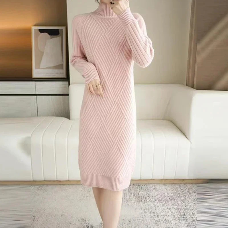 Abrini Autumn Winter Women Wool sweater Dress Mock Neck Ribbed Solid Knit Dresses Elegant Lady Party Bottoming Cashmere Vestidos 250806