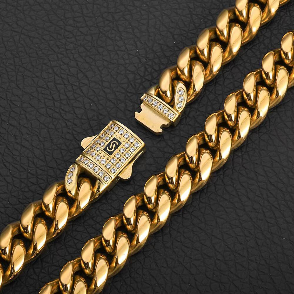 Monaco Chain 8-14mm Stainless Steel Diamond Buckle Round Grinding 14K Gold Plated Iced Out Moissanite Mens Bracelet