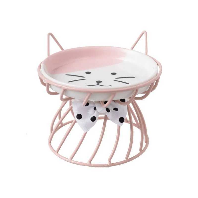 cute cat bowl Ceramic Pet Bowl Cat Food Feeding Stainless Steel Raised Stand Kitten Dog Water Feeder Durable Pet Accessories Y250806