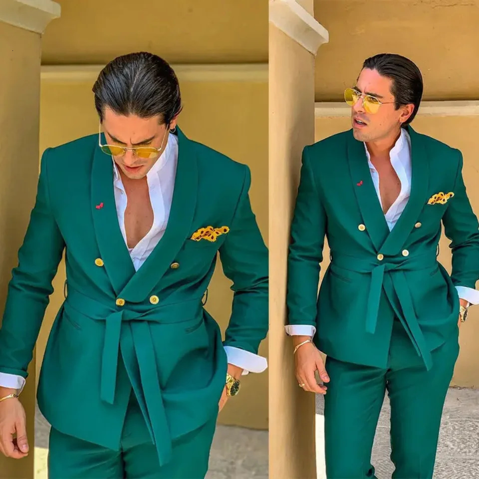 2PCS Green Men Suits Slim Fit Double Breasted Shawl Lapel Formal Wedding Tuxedo Set Traje Americana Hombre 250807