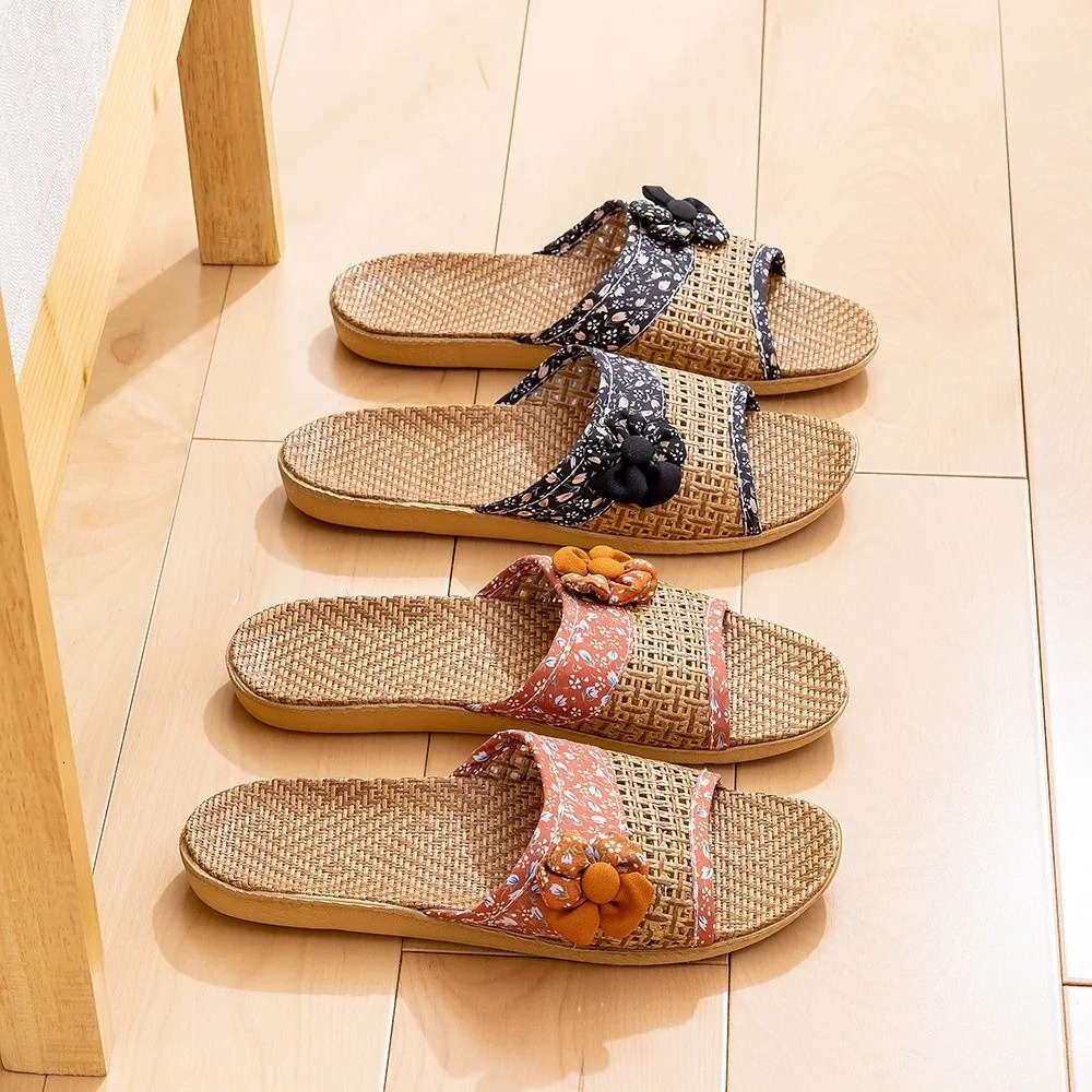 Fashion Breathable Straw Plaited Slippers Flower NonSlip Linen Shoes EVA Bottom Home Indoor 250801