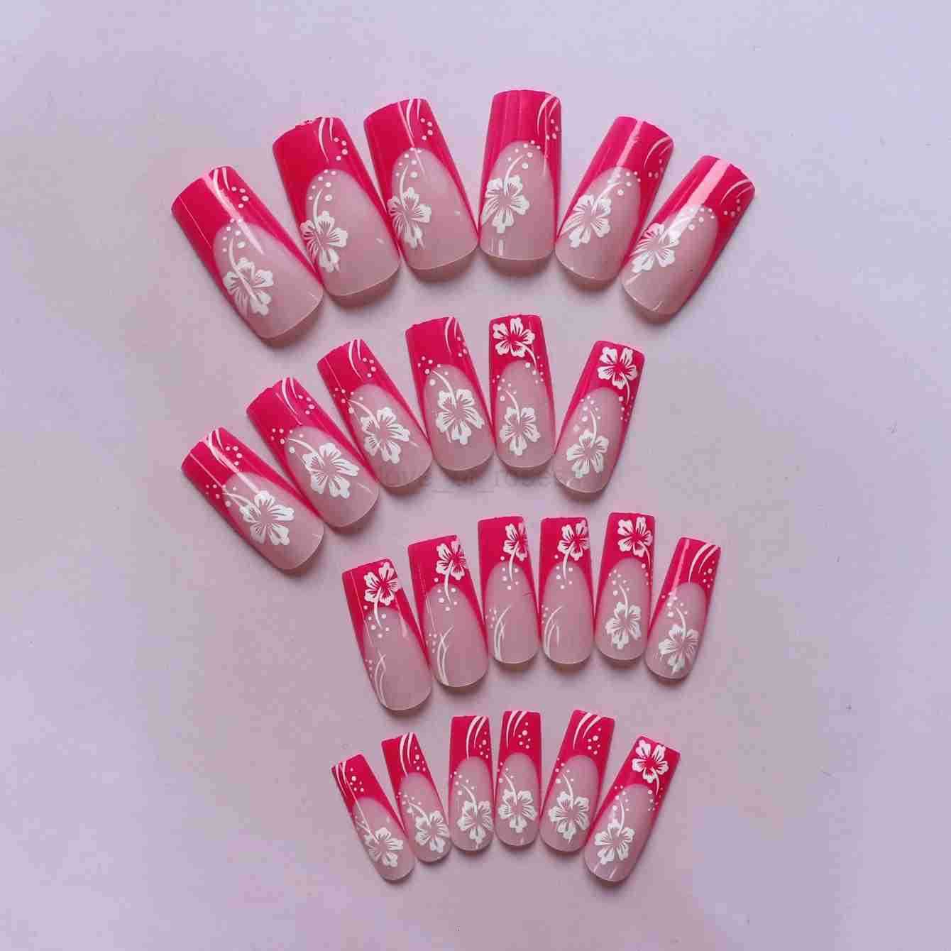 24 Sweet Cherry Blossom Red Printed Coffin Full Cover Fake Nails French White Suitable for Womens Daily Wear 1 Nail File and Z250807