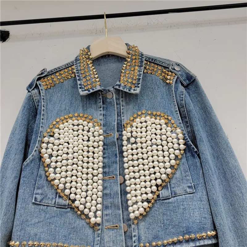 Heart Rivets Diamonds Denim Bomber Coat Love Shaped Spring Pearls Beads Jeans Jacket Rhinestones Cowboy Cardigan Crystal Tops 250804
