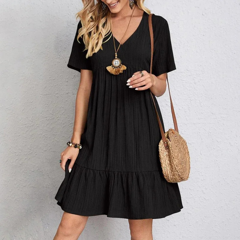 2025 Loose Vneck Short Sleeved Pleated Women Dress Solid Color Aline Beach Dresses Elegant Simple Comfortable Woman Clothing 250807