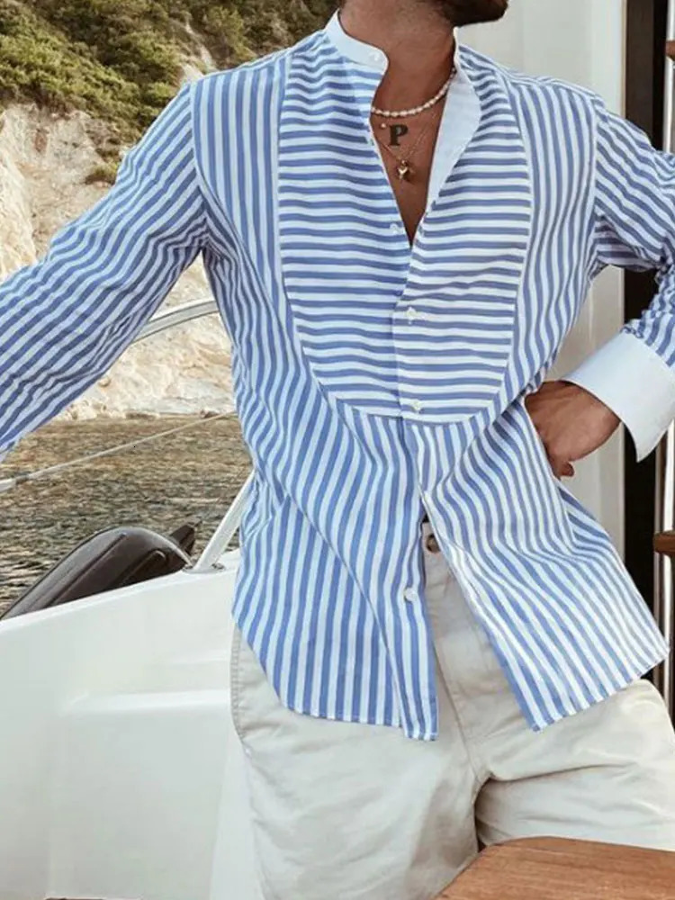 Mens Hawaiian Patchwork Striped Long Sleeve Shirts Fashion Casual Stand Collar Vacation Quick Dry Streetwear Leisure Blouse 250807