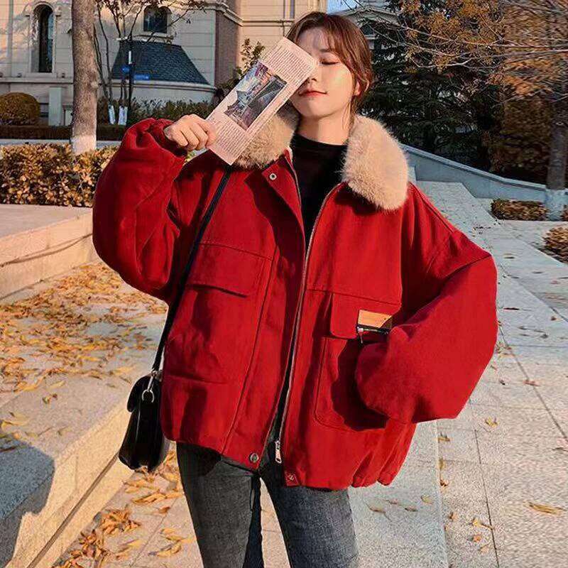 Designer Clothing 2025 Lucyever Korean Thick Fleece Women Winter Jacket Fashion Loose Warm Plush Parkas Female Elegant Lapel Zipper Pocket Veet Coat