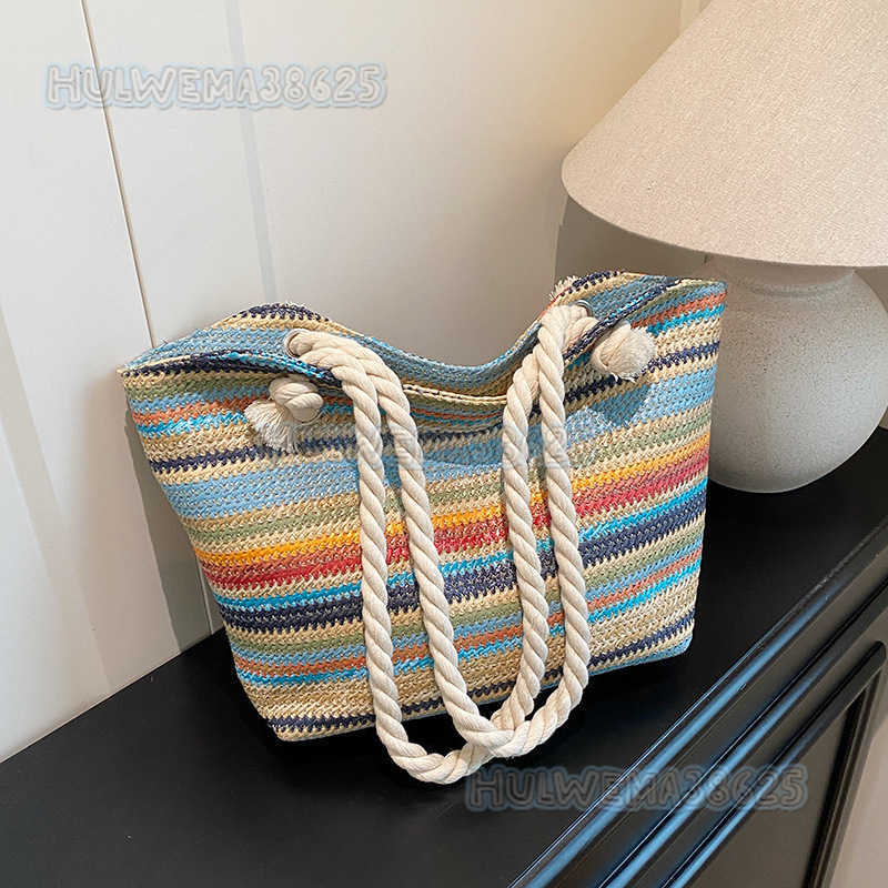 Summer Striped Straw Bag for Women 2025 New Trendy Fashion Large Capacity Commuter Shoulder Bag Color Block Tote Bag H250806