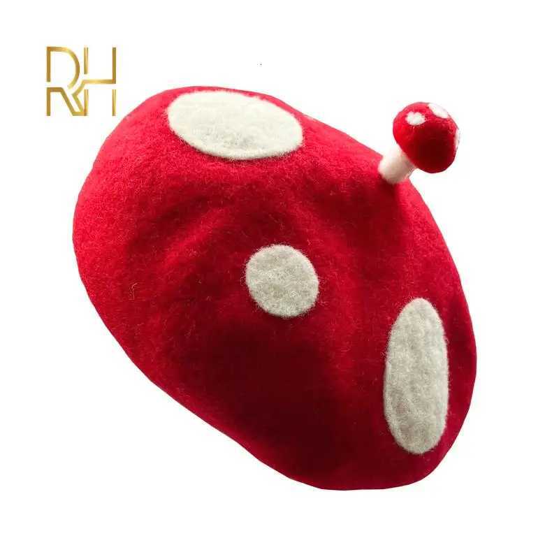 RH Ladies Cute Mushrooms Red Handmade Wool Felt Beret Creative Painter Hat Girls Birthday Gift Warm C For Autumn WinterXJ250807