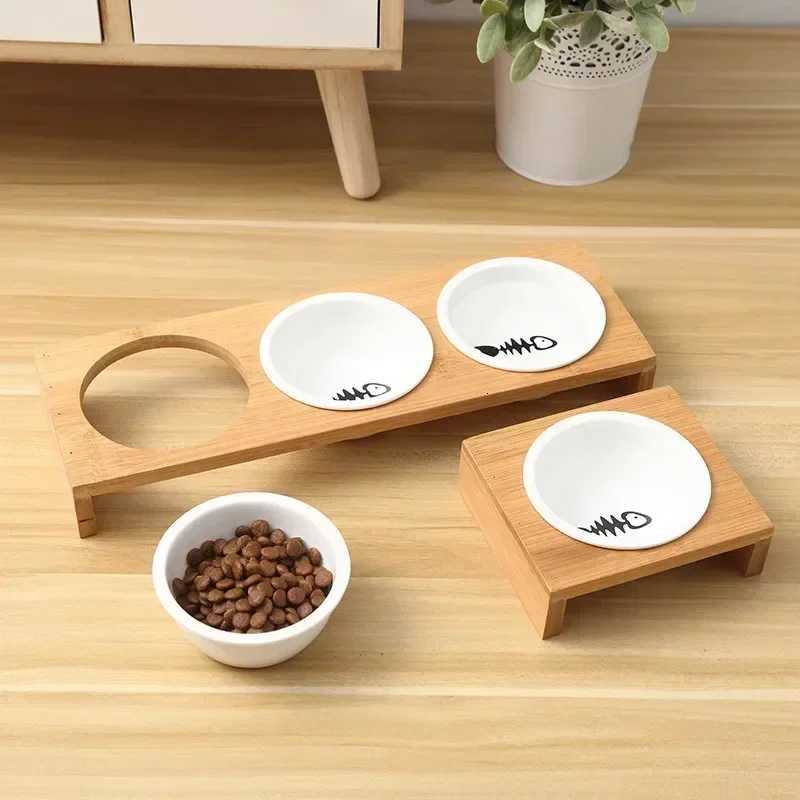 Hot Sale Cat Dog Feeders Bowls Bamboo Tableware Ceramic Pet Food Water Bowl High Grade Antiskid Pet Supplies Dog Cat Bowl Y250806