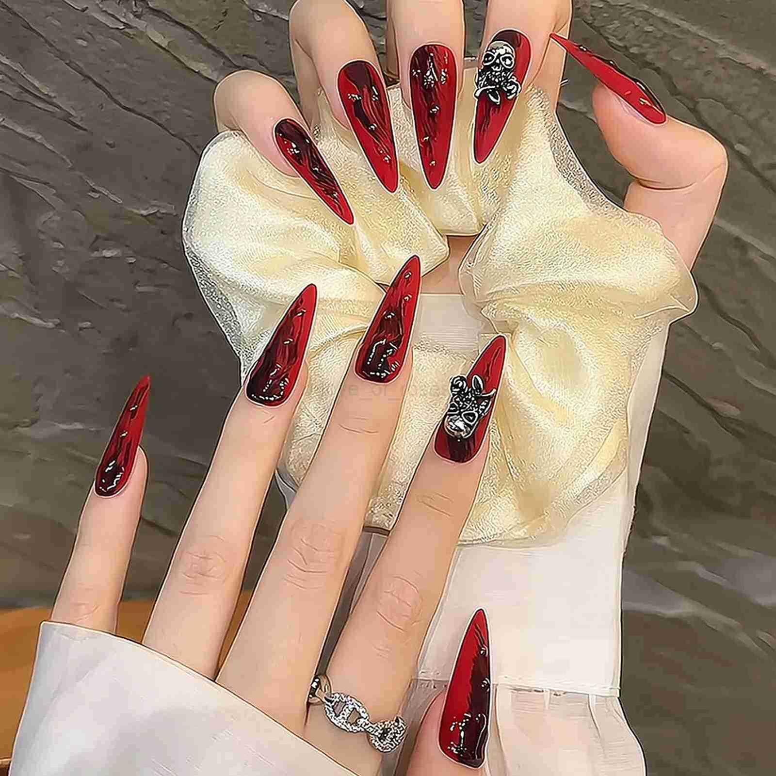 Handmade Press On Nails Red Long Stiletto False Nails With Metal Ghost Designs Full Cover Wearable Manicure For Halloween Z250807