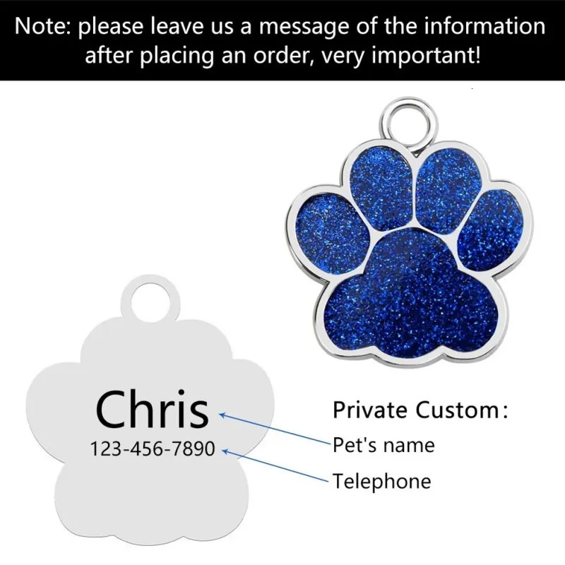 Personalized Dog Cat Tags Engraved Cat Dog Glitter Pendant Paw Print Custom Puppy Pet ID Name Collar Tag Pendant Pet Accessories 250805