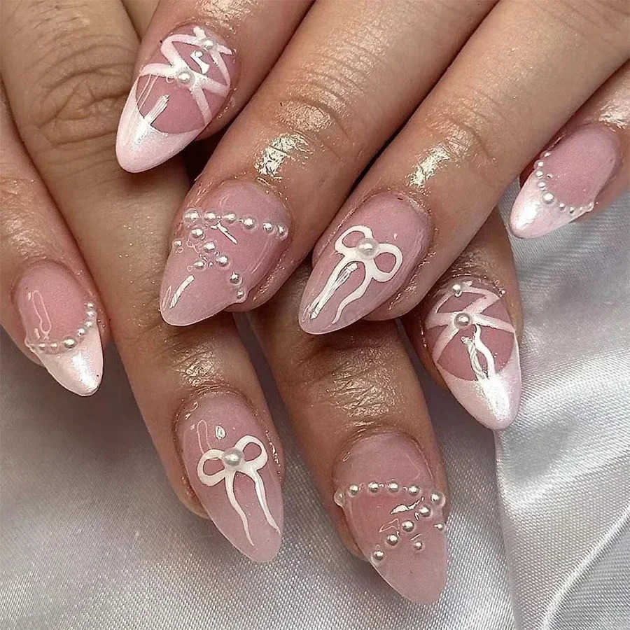 24Pcs Cat Eye Press-on Nails with Almond Head Bow Diamond Stick-on False Nails Sweet Pink French Full Cover Artificial Nail Tips Z250807
