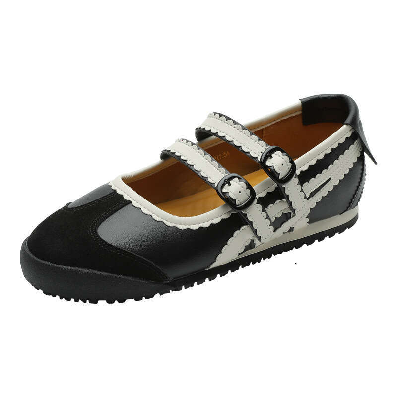 Cowhide Leather Version 2025 Spring New Round Toe Mary Jane Shallow Mouth Sports Ballet Style Casual Women's Single German Training Shoes