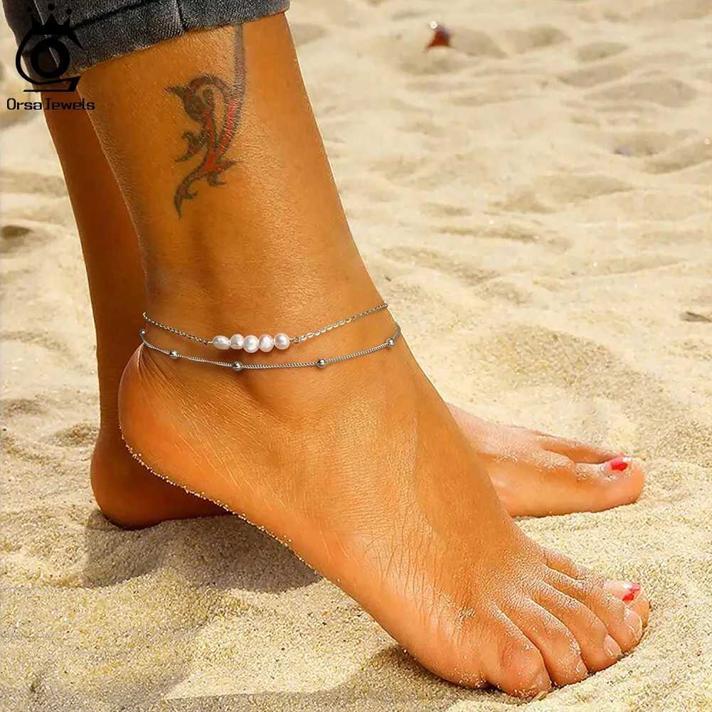 ORSA JEWELS Layered Natural Pearl Chain Anklet for Women Girl 925 Silver Fashion Summer Beach Foot Anklets Jewelry SA50 Y250805