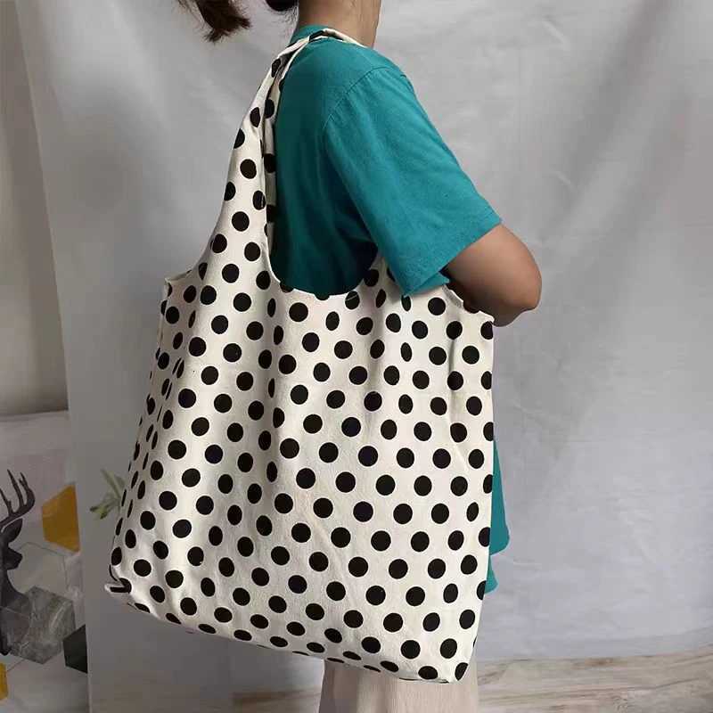 Effortless Chic Lady Polka Dot Handbag Large Capacity Beach Travel Canvas Tote Bag Lazy Aesthetic Artistic Casual Shoulder Bag Z250807