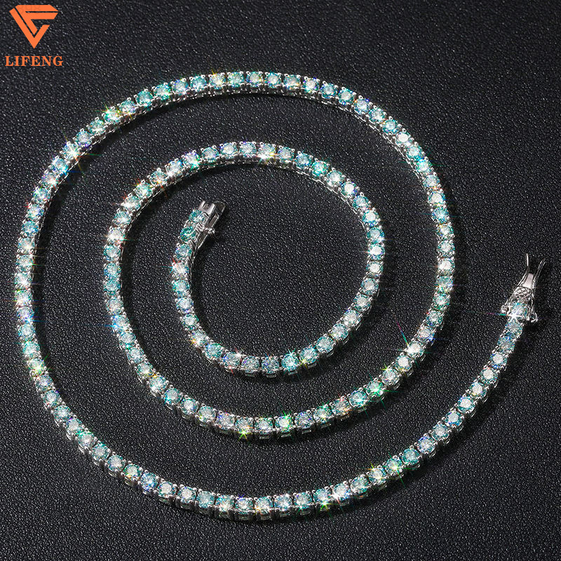 New Arrival Iced Out Colorful VVS Moissanite 3mm Cluster Tennis Chain Hiphop Jewelry 925 Sterling Silver Green Tennis Necklace