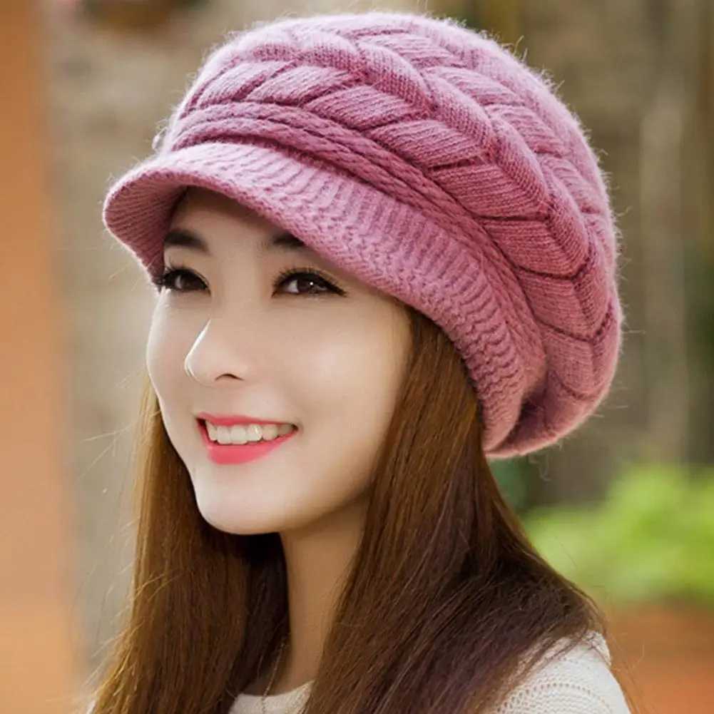 Womens Winter Solid Color Warm Knitting Loose Beret Leisure Ski C Korean Version Beret Plus Velvet Thick Knitting Ear C XJ250807