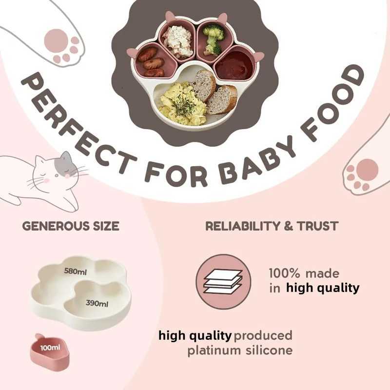 Pet silicone licking basin cartoon cat paw shaped bowl cat dog with suction cup tableware set anti spill compartment food bowl Y250806