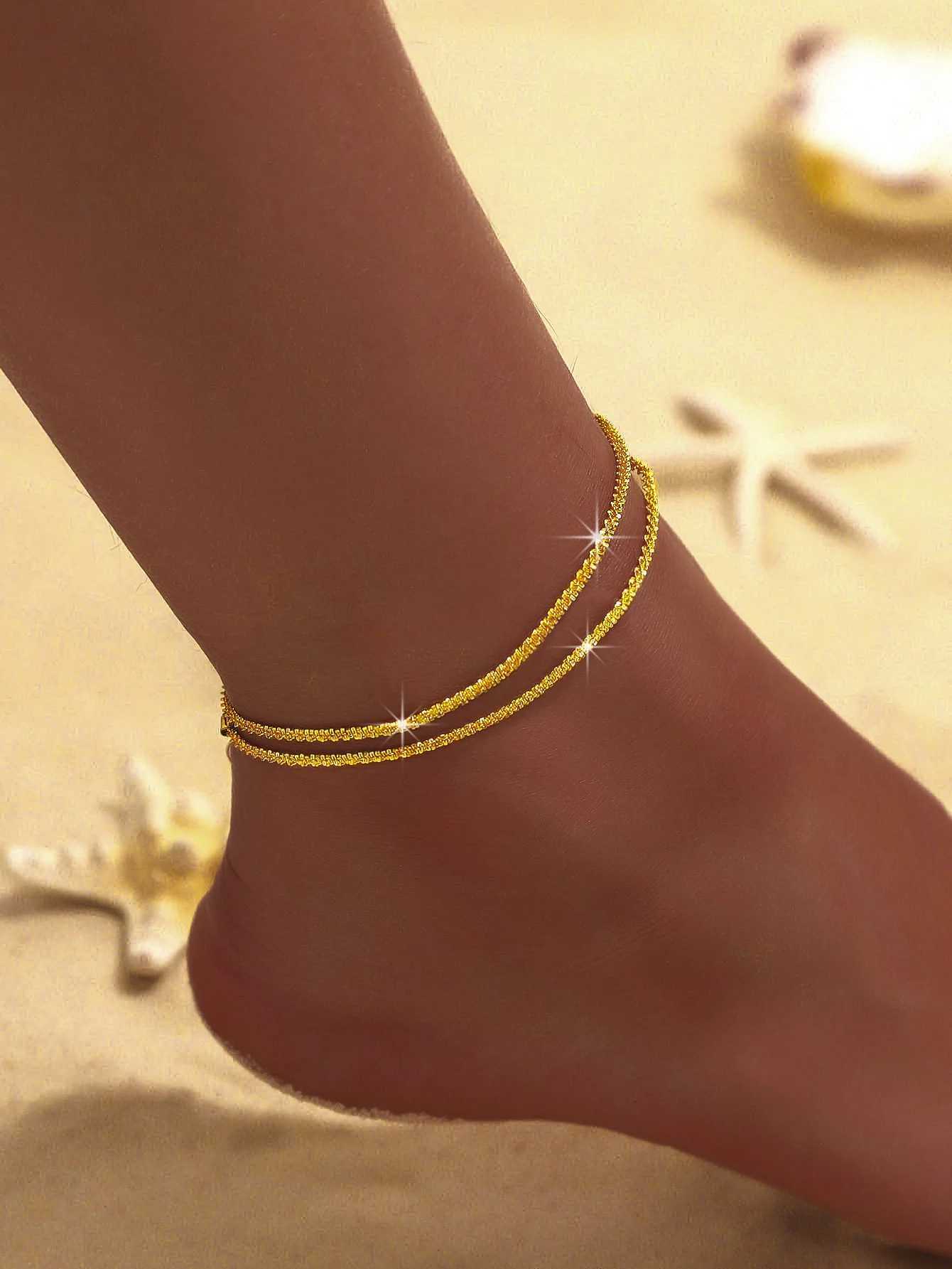 Summer Shiny Sparkling Simple Silver Color Anklet Zircon Cross Pearl Double Layer On Leg Foot Trendy Beach Jewelry Y250805