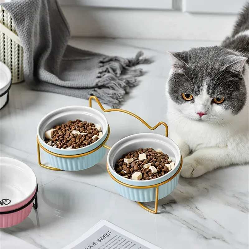 Double Ceramic Pet Bowls with Iron Frame Anti-slip Dog Cat Feeding Bowls Food Water Dishes Dog Accessories Y250806