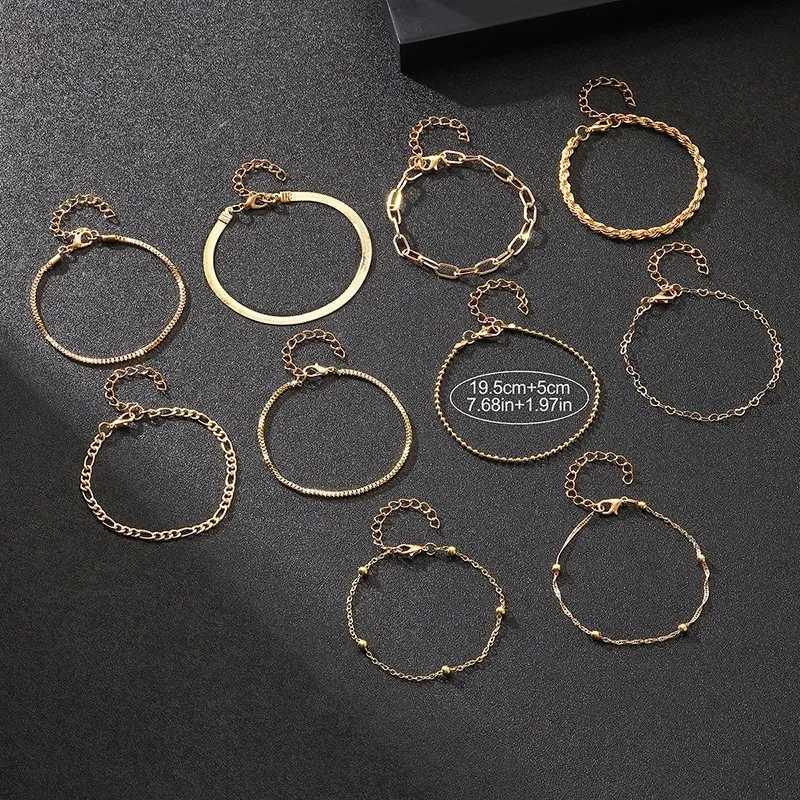 10 Pcs Vintage Statement Gold Color Flat Snake Chain Box Chain Bracelet Boho Multi-layer Metal Bracelet Womens Summer Jewelry W250807