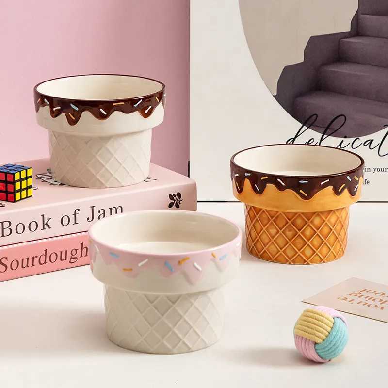 Ice Cream Cat Bowl Ceramic Cat Food Bowl Big Mouth Protection Cervical Neck Dog Bowl Hight Foot Pet Feeder Y250806