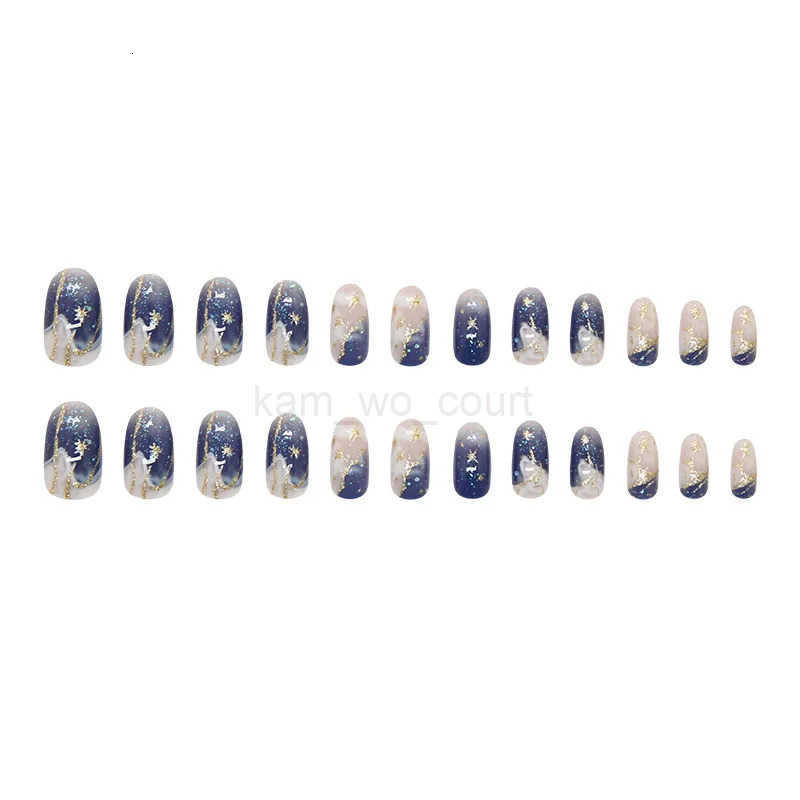 24pcs Smudging Blue False Nails Gentle Almond Gold Star Patterns Press On Nails Romantic Wearable Fake Nails Spicy Girl Manicure M250807