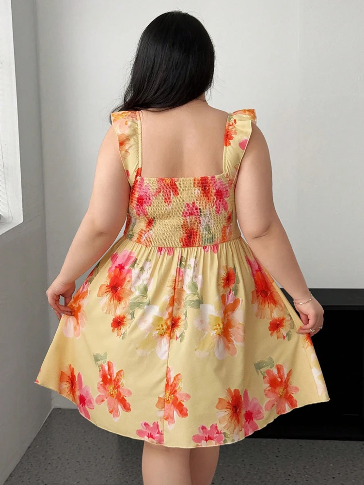 Plus Size Fly Sleeve Flower Chest Cup Dress A Hem Short Printed Beach Square Neck Casual 250807