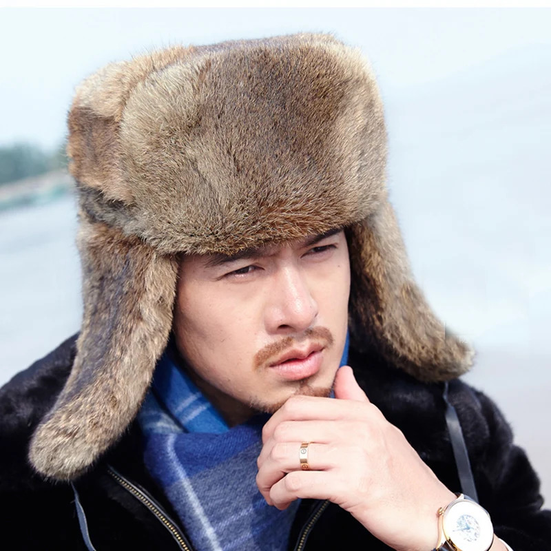 Rabbit Fur Cap Man Winter Genuine 100% Fur Bomber Hat Windproof Warm Earmuffs Male Flat GreyBlack Russian Hat Fitted Casquette 250806