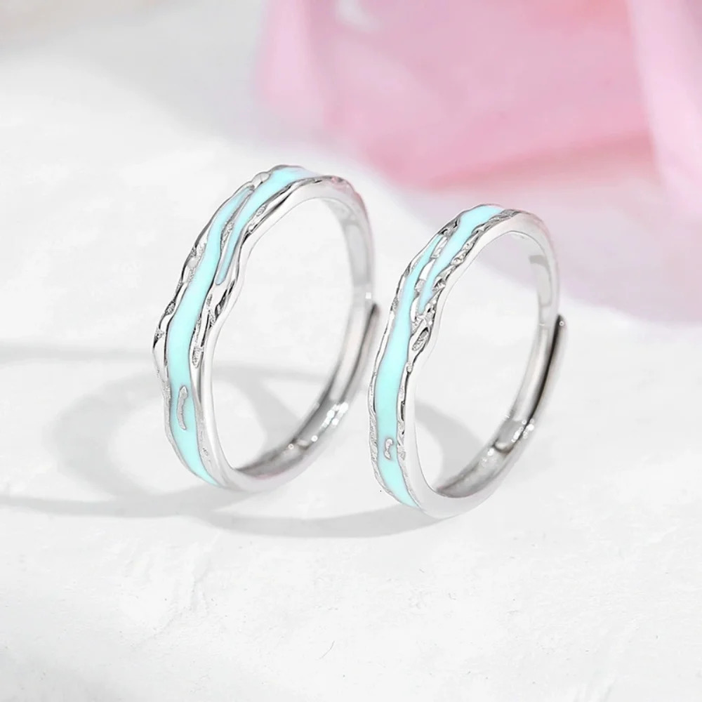 Couple Rings 925Sterling Silver Enamel Glow in Dark Adjustable Promise Rings Unique Band Gift for Valentine Anniversary 250730