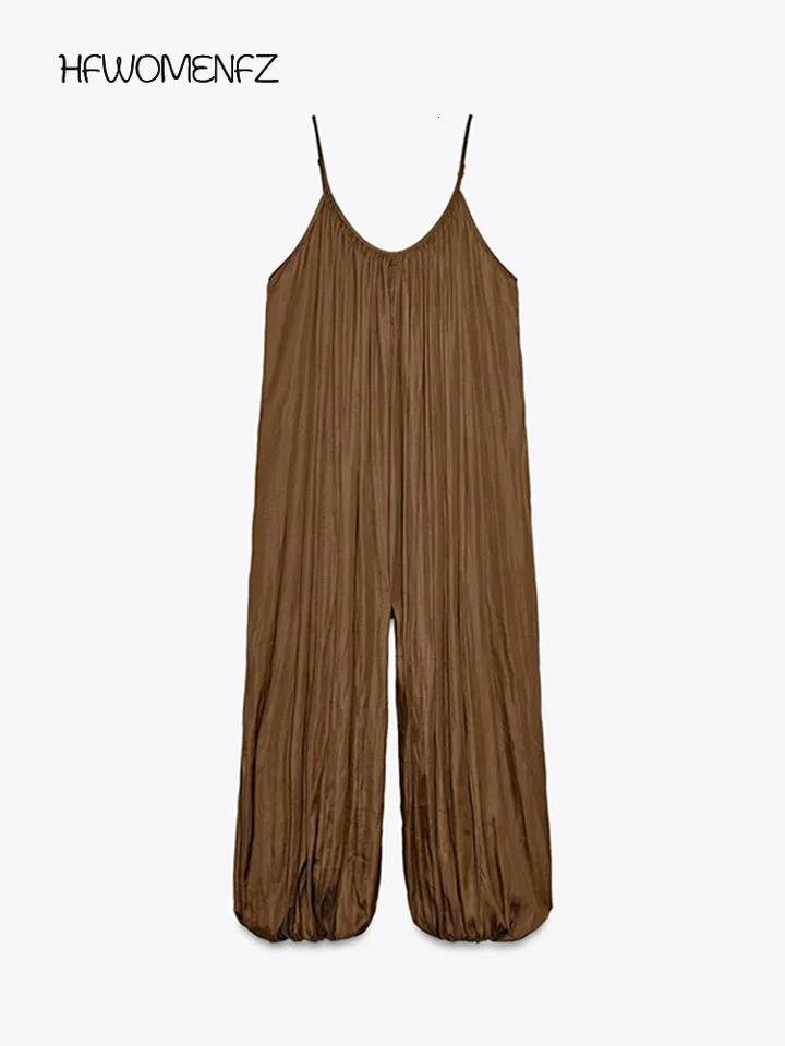 Casual Solid Slip Jumpsuit Women Vintage Brown Pleated Loose Wide Leg Jumpsuits Female 2025 Fashion Summer Street Lady Pants 250804