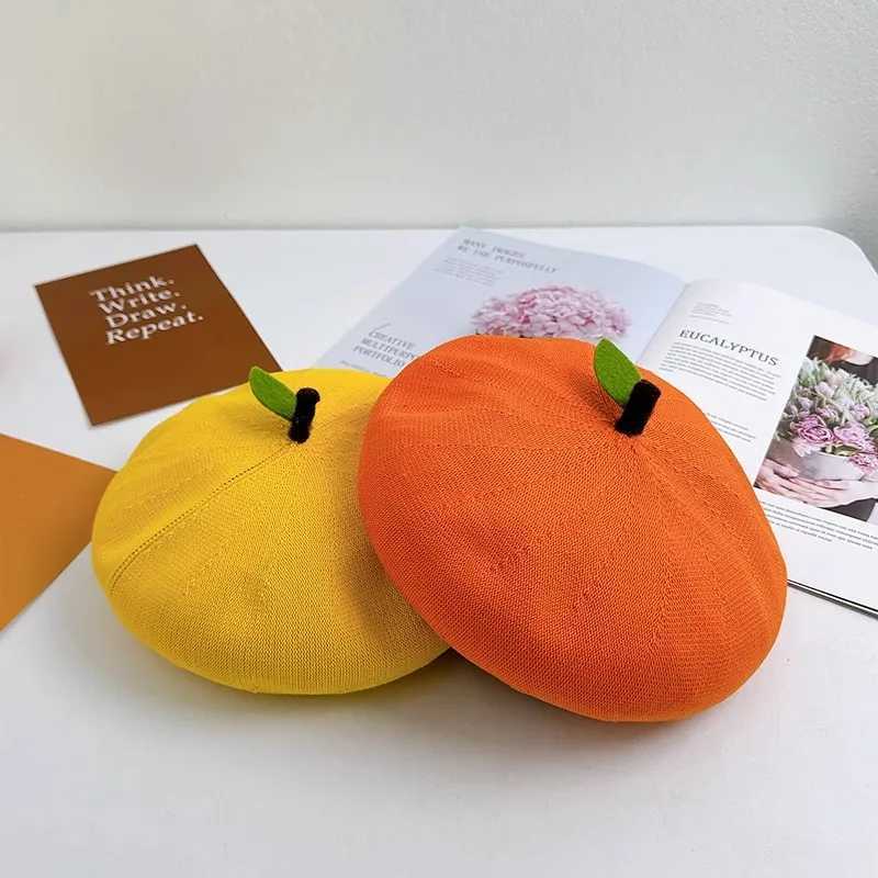 1 Cute Japanese Style Soft Girl Beret with a Big Orange Womens Summer Cotton Yarn Breathable Versatile Fresh Fruit Painter Hat XJ250807