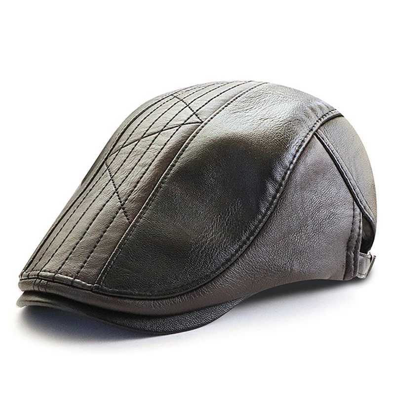 PU Leather Beret Hats for Men Autumn Winter Faux Leather Herringbone Visor Middle-aged Mens Warm Flat Peaked Adjustable XJ250807