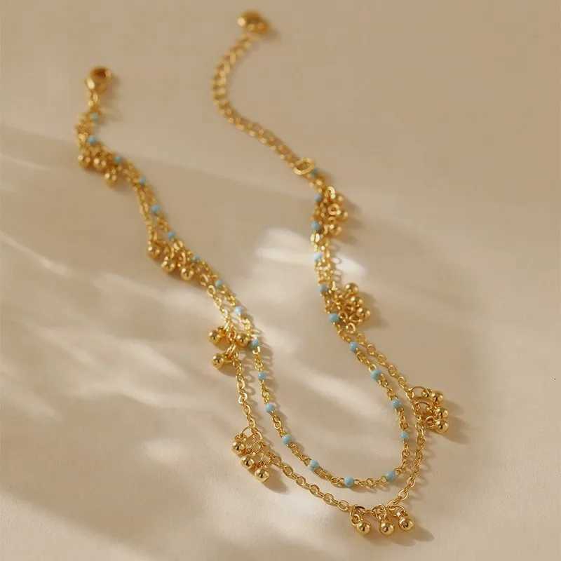 18K Gold Color Double Layer Small Beads Chain Anklet for Women Light Luxury Summer Boho Vocation Foot Chain Party Jewelry Gifts Y250805