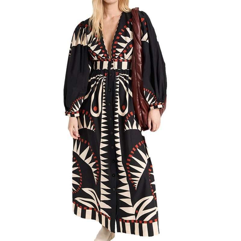 New Printed Long Fashion V-Neck Lantern Sleeve Dress For Women B5 h7