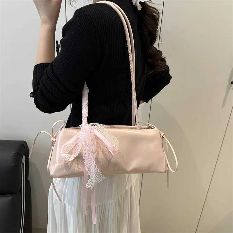 Fashion Bow Lace Ribbons PU Shoulder Bags for Women Versatile Commuter Ladies Underarm Bag Solid Color Female Handbags Purse Z250807