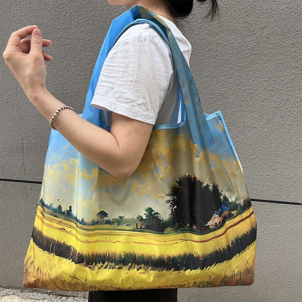 2025 New Eco-friendly Travel Oil Painting Series Cartoon Foldable Handheld Shopping Grocery Bag
