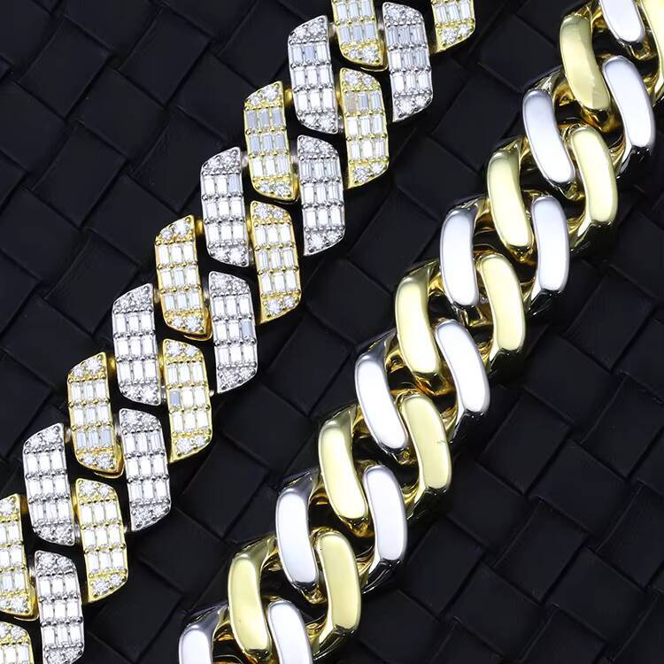 Fashion 2 Tone Yellow and White Sterling Silver 925 VVS Moissanite GRA Certificate Cuban Link Chain for Men