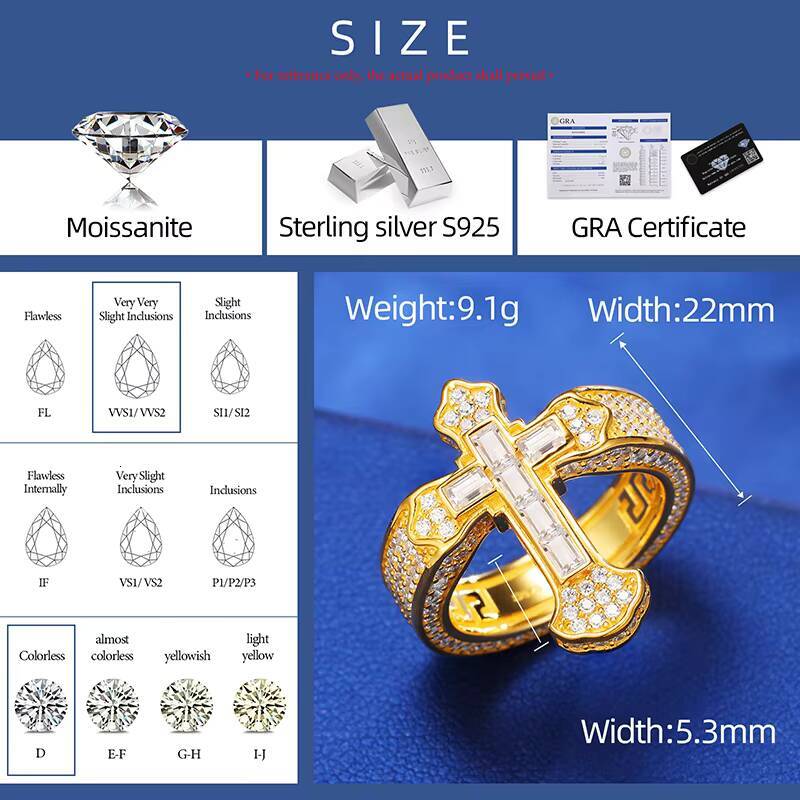 Fashion Hip Hop Party 925 Sterling Silver Baguette Diamond Cross Ring Gra Certified Moissanite Iced Out Ring for Men