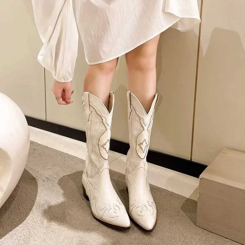 Vintage Square Head Thick Heel Cowboy Boot for Women Embroidered Western Cowboy Boots Side Zipper Shoes Autumn Pointed Boots M250807
