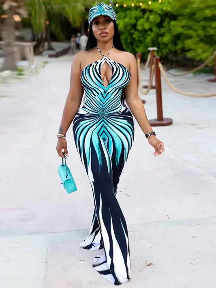 Streetwear Fashion Printed Women Jumpsuits Sexy Halter Bandage Hollow Out Striped Skinny Flare Pants Rompers Female 250807