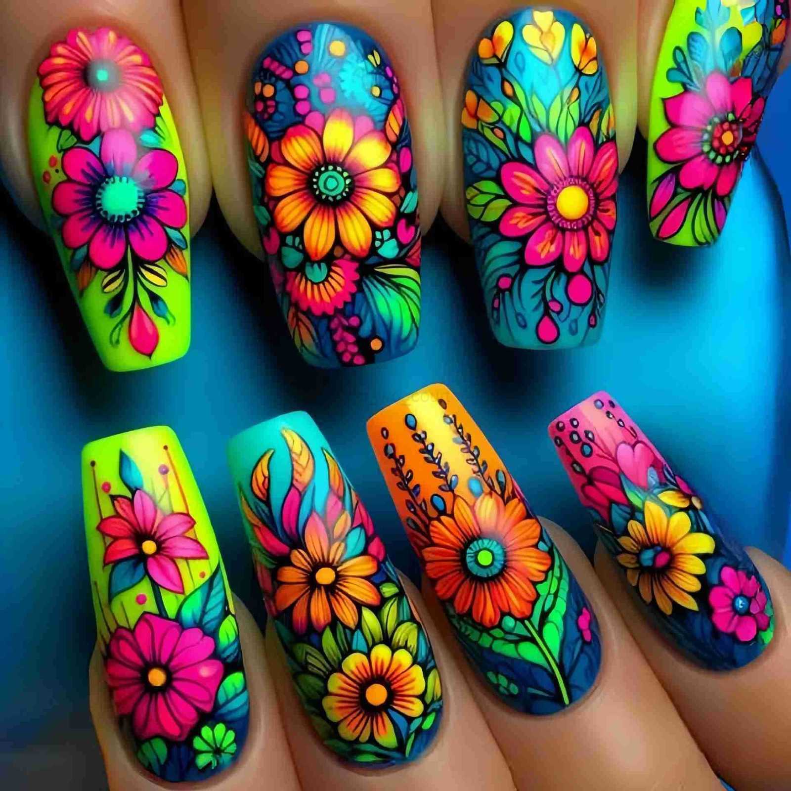 24pcs/set Short Medium Fake Nails for Spring Summer Beautiful Colorful Flowers Bees Faux Nails Tips Press on False Nail Art M250807