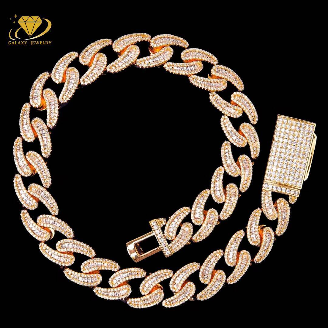 Hip Hop Custom Jewelry 18mm Baguette Rock Cuban Link 925 Silver Moissanite Iced Out Diamond Mens Necklace Bracelet Chain