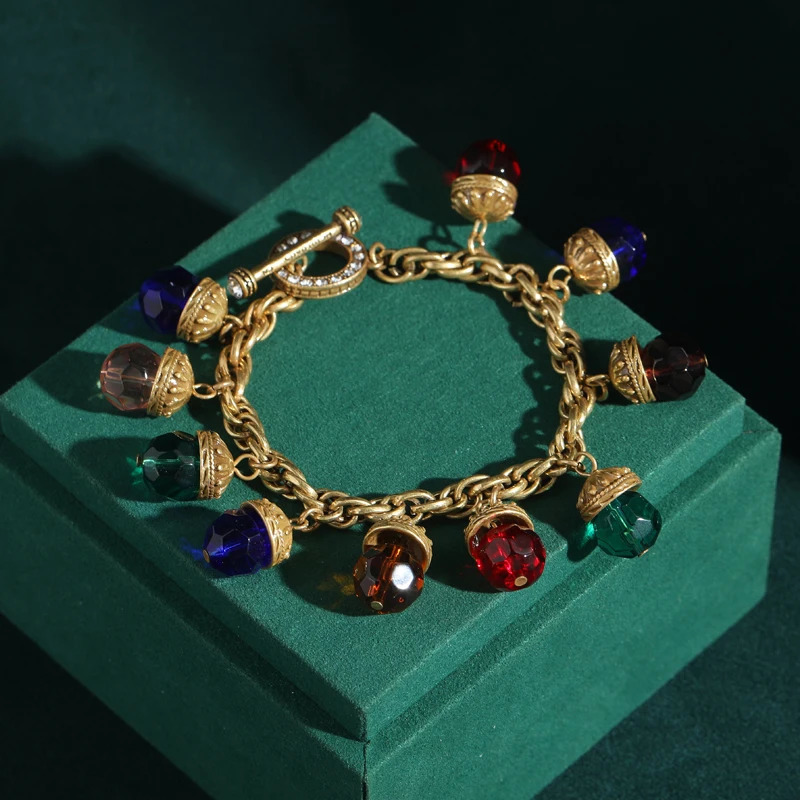 Vintage Multicolor Crystal Chain Bracelet - 18K Gold Plated Adjustable Womens Jewelry Gift 250730