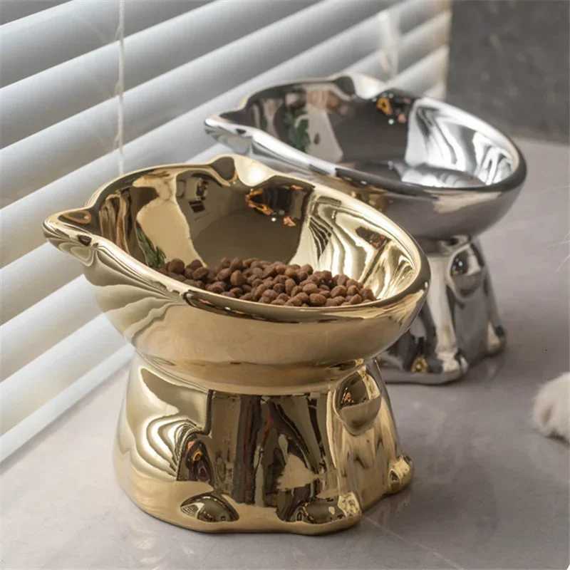 Pet Supplies Ceramic Cat Shaped Bowl with Bells Anti Tipping Feeder for Puppy Dog Cat Supplies Dog Accessories Y250806
