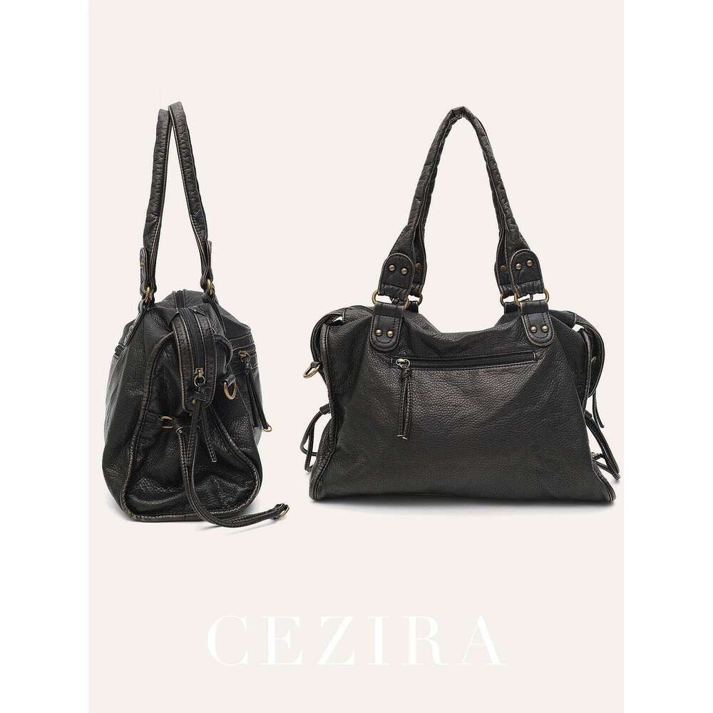 Vintage Washed PU Leather Large Capacity Tote Zip Pockets Braid Decor Shoulder Cross Body Bag Unisex Women Daily Travel Handbag