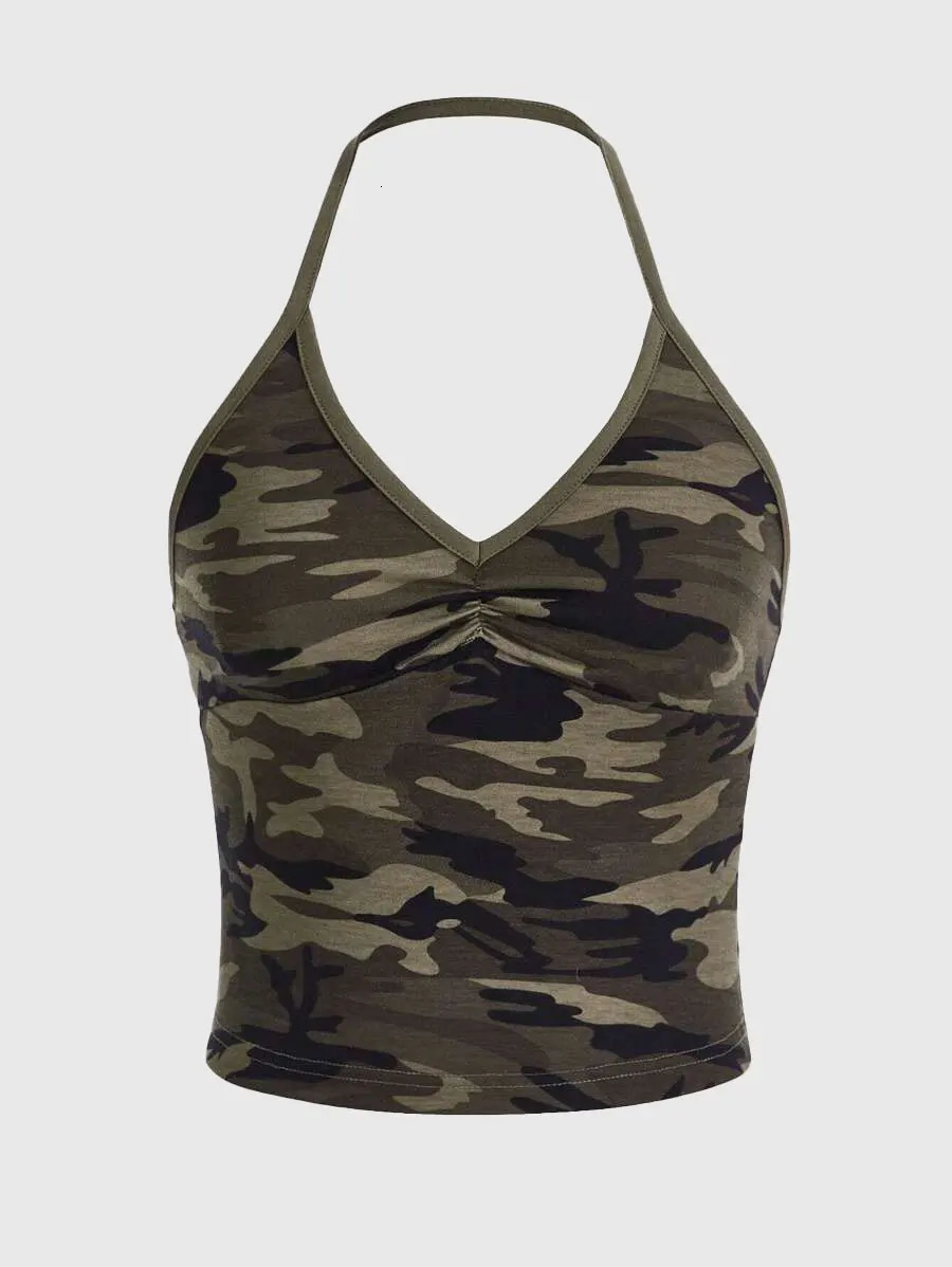 Camouflage printed Vneck short top womens apparel 250807